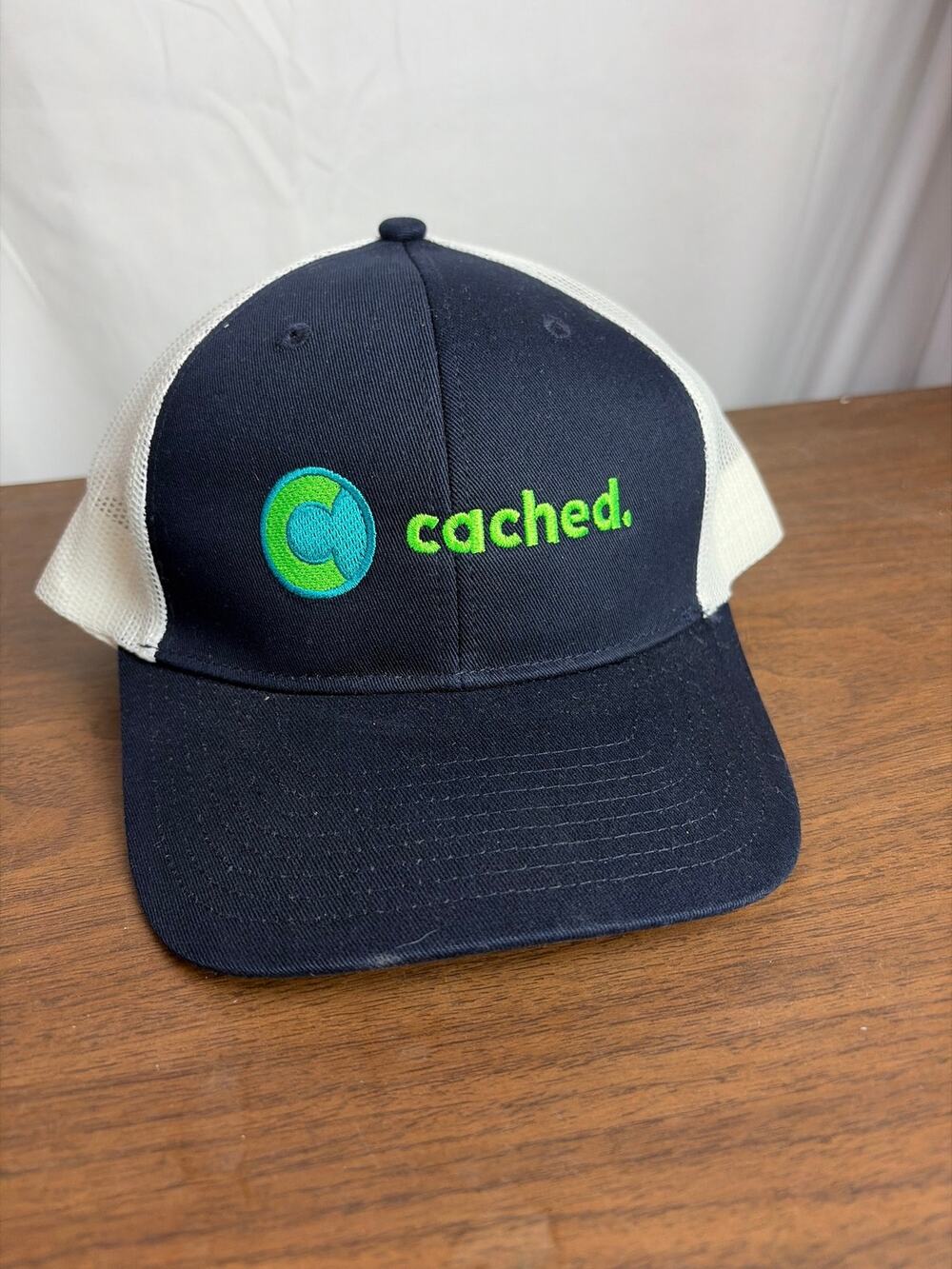 Cached Tech Promo Trucker Hat Navy Blue White Mesh Snapback Embroidered Cap
